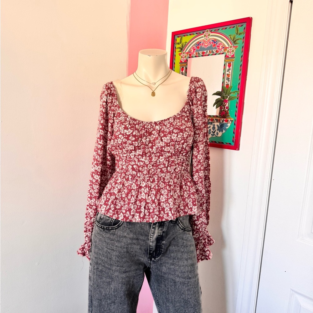 Liberty Love Rust And White Floral Long Puff Sleeve Peplum Blouse